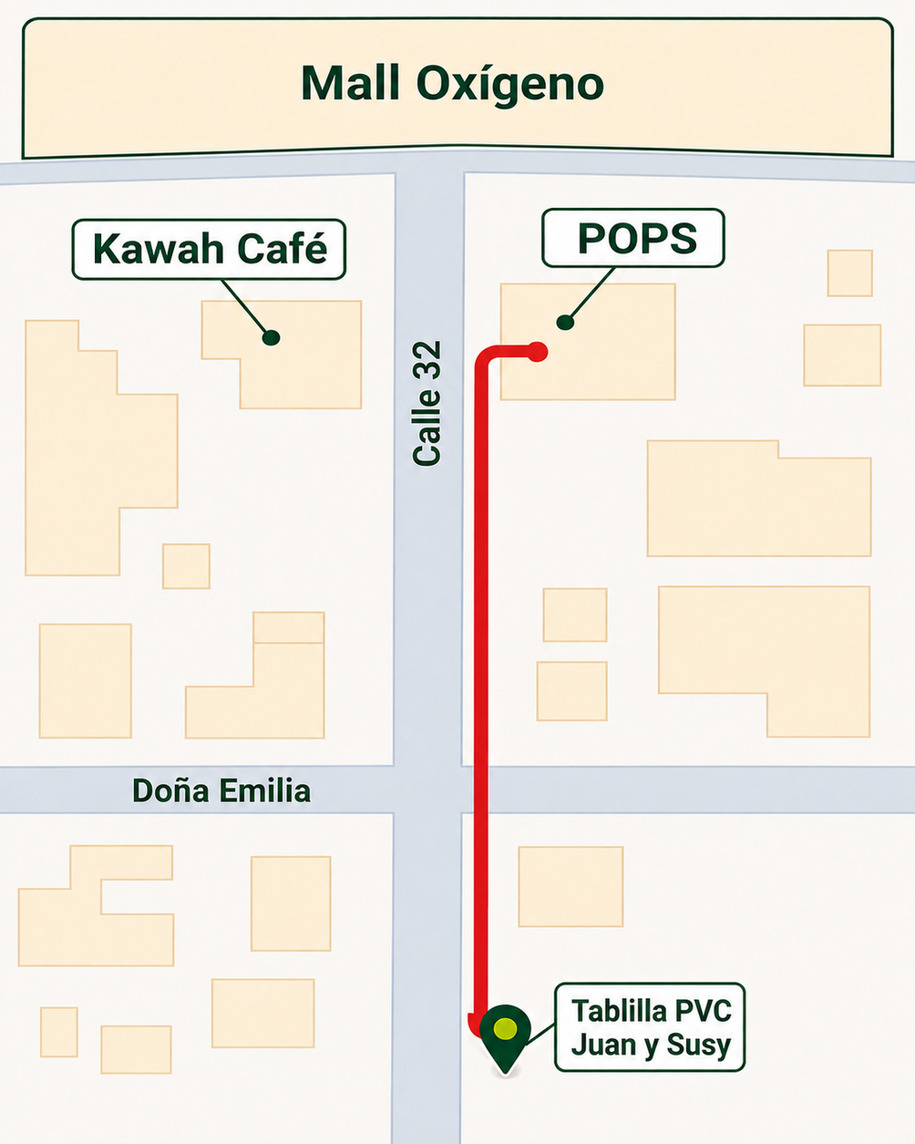 Mapa para llegar a Tablilla PVC Juan y Susy desde POPS, Kawah Café y Mall Oxígeno